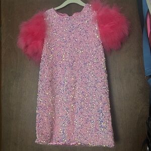 Lola + The Boys Pink Sequin Dress with Feather Sleeves